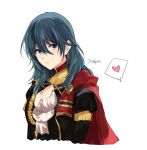 1girl blue_eyes blue_hair byleth_(fire_emblem) byleth_eisner_(female) cape closed_mouth cosplay edelgard_von_hresvelg edelgard_von_hresvelg_(cosplay) fire_emblem fire_emblem:_three_houses garreg_mach_monastery_uniform medium_hair naho_(pi988y) red_cape simple_background solo twitter_username uniform upper_body white_background 
