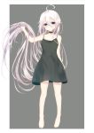  1girl aties20 bangs bare_arms bare_shoulders barefoot black_choker black_dress blue_eyes blush choker closed_mouth collarbone commentary dress eyebrows_visible_through_hair full_body grey_background hair_between_eyes hands_up ia_(vocaloid) long_hair silver_hair sleeveless sleeveless_dress solo standing two-tone_background very_long_hair vocaloid white_background 