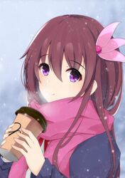  1girl black_jacket brown_hair cup eyebrows_visible_through_hair hair_between_eyes highres holding holding_cup jacket kantai_collection kisaragi_(kantai_collection) long_hair purple_scarf remodel_(kantai_collection) scarf school_uniform serafuku smile solo ton_ton_tontoro upper_body violet_eyes 