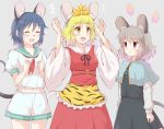  3girls :d ^_^ animal_ear_fluff animal_ears animal_print bangs black_hairband black_neckwear black_ribbon black_skirt black_vest blonde_hair blue_capelet blue_hair blush breasts capelet clenched_hands closed_eyes commentary_request cowboy_shot dress eyebrows_visible_through_hair fake_animal_ears fake_nose fake_tail frills green_sailor_collar grey_background grey_hair hair_between_eyes hair_ornament hairband hands_up jewelry long_sleeves midriff_peek mouse_ears mouse_tail multiple_girls murasa_minamitsu navel nazrin neck_ribbon neckerchief no_hat no_headwear o-ring open_mouth pendant puffy_short_sleeves puffy_sleeves red_dress red_eyes red_neckwear ribbon sailor_collar sailor_shirt shirt short_hair short_sleeves shorts simple_background skirt skirt_set small_breasts smile standing tail tiger_print toramaru_shou touhou utakata_(azaka00) vest whiskers white_shirt white_shorts wide_sleeves yellow_eyes 
