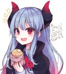  1girl :d absurdres aruko_(marco_to_ginga_ryuu) ascot bangs beamed_eighth_notes beniko_(ymdbnk) black_cape blue_hair blush cape collared_shirt commentary_request curled_horns eyebrows_visible_through_hair food food_on_face gradient_hair highres holding holding_food horns long_sleeves marco_to_ginga_ryuu multicolored_hair musical_note notice_lines open_mouth red_eyes red_neckwear redhead shirt simple_background sleeves_past_wrists smile solo upper_body v-shaped_eyebrows white_background white_shirt 