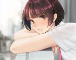  1girl arm_support bangs blurry blurry_background brown_eyes commentary_request day depth_of_field eyebrows_visible_through_hair from_side iwanishi looking_at_viewer looking_to_the_side original parted_lips pink_neckwear short_hair short_sleeves smile solo upper_body violet_eyes window windowsill 