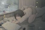  1girl absurdres bed bedroom black_hair cat_stretch grey_eyes highres huge_filesize indoors looking_at_viewer nintendo_switch original pillow shorts snow stretch stuffed_toy texture user_sjgw7532 window winter 