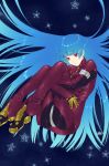  1girl bangs blue_background blue_hair bodysuit breasts floating_hair full_body gloves highres kula_diamond leg_hug long_hair medium_breasts murata_tefu open_mouth parted_lips red_bodysuit red_eyes signature simple_background snowflakes solo the_king_of_fighters very_long_hair yellow_gloves 