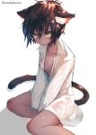  1girl animal_ear_fluff animal_ears bangs blush breasts brown_hair cat_ears cat_girl cat_tail closed_mouth collarbone dress_shirt ears_down feet_out_of_frame hair_between_eyes long_sleeves looking_at_viewer mole mole_on_breast naked_shirt original partially_unbuttoned shadow shirt short_hair simple_background sitting small_breasts solo suzuho_hotaru tail twitter_username v_arms white_background white_shirt wing_collar yellow_eyes yokozuwari 