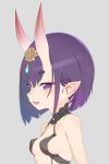  1girl bangs bare_shoulders blush bob_cut breasts collarbone coyomin eyeliner fang fate/grand_order fate_(series) grey_background headpiece highres horns looking_at_viewer makeup oni oni_horns open_mouth pointy_ears purple_hair revealing_clothes short_eyebrows short_hair shuten_douji_(fate/grand_order) simple_background skin-covered_horns small_breasts smile solo upper_body violet_eyes 