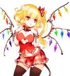  1girl alternate_breast_size alternate_costume bangs bare_arms bare_shoulders black_legwear blonde_hair breasts chain collar commentary_request cowboy_shot crystal cuffs eyebrows_visible_through_hair flandre_scarlet groin hands_up head_tilt heart_cutout highres large_breasts long_hair looking_at_viewer miniskirt navel no_hat no_headwear no_nose one_side_up open_mouth plaid plaid_skirt pointy_ears raptor7 red_collar red_eyes red_skirt shackles simple_background skirt solo standing strapless thigh-highs thighs touhou tubetop white_background wings zettai_ryouiki 