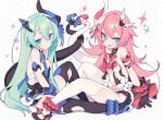  2girls :d asymmetrical_horns bangs bare_shoulders black_dress black_gloves black_legwear blade_(galaxist) blue_eyes blush bow breasts closed_mouth dress eyebrows_visible_through_hair fang flower garter_straps gloves green_hair hair_between_eyes hair_ornament honkai_(series) honkai_impact_3rd intertwined_tails liliya_olenyeva long_hair looking_at_viewer mechanical_horns mechanical_tail mismatched_gloves multiple_girls open_clothes open_dress open_mouth pink_hair polka_dot polka_dot_background red_bow red_flower red_rose rose rozaliya_olenyeva short_eyebrows siblings small_breasts smile sparkle symbol-shaped_pupils tail thick_eyebrows thigh-highs twins very_long_hair white_background white_legwear 