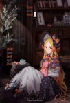 1girl abigail_williams_(fate/grand_order) absurdres bangs black_bow blonde_hair bonnet bow dress fate/grand_order fate_(series) forehead highres long_hair long_sleeves looking_at_viewer multiple_bows orange_bow parted_bangs polka_dot polka_dot_bow red_eyes sitting solo stuffed_animal stuffed_toy teddy_bear wang_man white_dress 