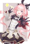  1boy astolfo_(fate) astolfo_(saber)_(fate) bangs black_bow black_gloves black_ribbon blush bow bowtie commentary_request eyebrows_visible_through_hair fang fate/grand_order fate_(series) gloves hair_bow hair_intakes hair_ribbon highres long_hair long_sleeves looking_at_viewer multicolored_hair one_eye_closed otoko_no_ko pink_background pink_hair poyano ribbon simple_background skin_fang smile solo star streaked_hair twintails violet_eyes w white_background white_hair 