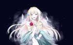  absurdres aria_(maplestory) bakku_(fspz4427) bare_shoulders black_background blonde_hair blue_eyes dress flower hair_ornament highres long_hair looking_at_viewer maplestory rose simple_background white_dress 