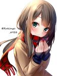  1girl bangs blush brown_hair brown_jacket closed_mouth commentary eyebrows_visible_through_hair fingernails fringe_trim green_eyes hands_up highres jacket long_hair long_sleeves looking_at_viewer nail_polish original pink_nails plaid plaid_scarf red_scarf rukinya_(nyanko_mogumogu) scarf simple_background sleeves_past_wrists smile solo symbol_commentary twitter_username upper_body white_background 