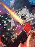  1boy 1girl amamiya_ren black_hair blue_eyes blue_hair byleth_(fire_emblem) byleth_eisner_(female) fire_emblem fire_emblem:_three_houses from_side gloves grin highres holding holding_sword holding_weapon long_sleeves medium_hair open_mouth pantyhose persona persona_5 red_eyes red_gloves short_hair signature smile super_smash_bros. sword tang_xinzi weapon 
