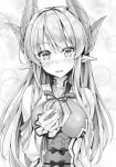  1girl bangs blush breasts detached_sleeves eyebrows_visible_through_hair floating_hair greyscale hair_between_eyes highres horns kotatsu_(kotatsu358) long_hair long_sleeves looking_at_viewer medium_breasts monochrome neck_ribbon novel_illustration official_art open_mouth ososugita_isekai_tensei pointy_ears ribbon shiny shiny_hair shishi_(ososugita_isekai_tensei) solo sweatdrop upper_body very_long_hair wavy_mouth 