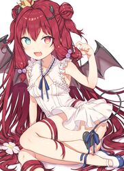  1girl :d ass bangs bare_arms bare_shoulders bat_hair_ornament blue_ribbon blush breasts commentary_request crown demon_girl demon_tail demon_wings double_bun dress eyebrows_visible_through_hair fang flower green_eyes hair_between_eyes hair_bobbles hair_flower hair_ornament hand_up heterochromia highres holding holding_hair looking_at_viewer mini_crown neck_ribbon nijisanji no_socks open_mouth otou_mamayo pink_flower pleated_dress red_eyes redhead ribbon shadow shoes sleeveless sleeveless_dress small_breasts smile solo tail tail_ribbon tilted_headwear two_side_up uwabaki virtual_youtuber white_background white_dress white_footwear wings yuzuki_roa 