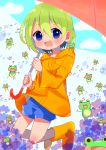  1girl :d absurdres beamed_eighth_notes blue_eyes blue_shorts blush boots day frog green_hair highres jumping music musical_note open_mouth original outdoors quarter_note raincoat red_umbrella rubber_boots short_hair shorts singing smile umbrella wenicon_0410 