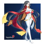  belt black_hair breasts cape dress highres large_breasts long_hair looking_down maemi_(maemi12) maplestory pants pointy_ears red_cape simple_background white_dress white_footwear white_pants 