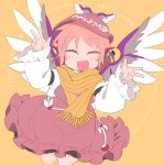  1girl animal_ears blush brown_dress brown_headwear closed_eyes commentary_request cowboy_shot double_w dress earrings eyebrows_visible_through_hair facing_viewer fang feathered_wings frills hands_up happy ini_(inunabe00) jewelry long_sleeves mystia_lorelei open_mouth pink_hair scarf shirt short_hair single_earring skin_fang smile solo touhou w white_shirt winged_hat wings yellow_background yellow_scarf 