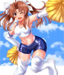  1girl alternate_costume blue_sky blush boots breasts brown_hair cheerleader clouds elbow_gloves eyebrows_visible_through_hair gloves hair_ribbon kagerou_(kantai_collection) kantai_collection long_hair looking_at_viewer navel open_mouth pom_poms ribbon short_shorts shorts sky small_breasts smile solo thigh-highs thigh_boots twintails violet_eyes white_gloves zanntetu 