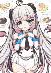  1girl ahoge azur_lane blue_eyes breasts checkerboard_cookie cheesecake chestnut_mouth cookie detached_sleeves drooling english_text food grey_hair hair_ornament hairclip halsey_powell_(azur_lane) hestia_(neko_itachi) long_hair looking_at_viewer macaron necktie open_mouth small_breasts solo thigh-highs 