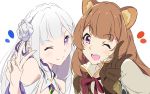  2girls ;d animal_ear_fluff animal_ears bangs blunt_bangs brown_gloves brown_hair closed_mouth commentary_request crossover elf emilia_(re:zero) eyebrows_visible_through_hair gloves hair_ornament heart isekai_quartet long_hair looking_at_viewer multiple_girls one_eye_closed open_mouth pointy_ears raccoon_ears raccoon_girl raphtalia re:zero_kara_hajimeru_isekai_seikatsu simple_background smile tate_no_yuusha_no_nariagari teeth umanosuke upper_body upper_teeth v violet_eyes white_background 