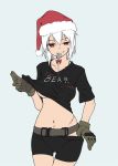 1girl armedshipyard bandaid bandaid_on_face bike_shorts bike_shorts_pull breasts clothes_writing dog_tags escape_from_tarkov gloves hat highres looking_at_viewer military mouth_hold no_bra red_eyes santa_hat scar shirt shirt_pull short_hair simple_background smirk solo staple t-shirt under_boob white_hair 