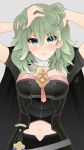  1girl armor arms_up byleth_(fire_emblem) byleth_eisner_(female) cape dagger fire_emblem fire_emblem:_three_houses green_eyes green_hair hands_in_hair highres louis_lloyd-judson medium_hair navel navel_cutout sheath sheathed simple_background solo upper_body weapon 