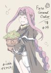  1girl armor braid cloak copyright_name fate/grand_order fate_(series) flower flower_pot gauntlets headband highres medusa_(lancer)_(fate) pink_hair sasisusesousu11 simple_background single_braid smile solo yellow_background 