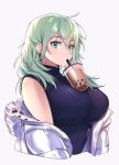  1girl backlighting blue_shirt breasts bubble_tea bubble_tea_challenge byleth_(fire_emblem) byleth_eisner_(female) eyebrows_visible_through_hair fire_emblem fire_emblem:_three_houses green_eyes green_hair hair_between_eyes highres jacket large_breasts looking_at_viewer nasubi06 shirt simple_background upper_body white_background white_jacket 