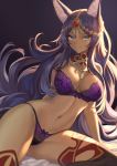 1girl ahoge animal_ears aqua_eyes bare_shoulders bare_thighs bikini bow bow_bra bow_lingerie bow_panties breasts circlet eyebrows eyebrows_visible_through_hair fate/grand_order fate_(series) jewelry lingerie looking_at_viewer mashu_003 navel panties purple_eyebrows purple_hair queen_of_sheba_(fate/grand_order) thighs underwear 