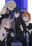  1boy 3girls alternate_costume annette_fantine_dominic black_gloves blonde_hair blue_eyes blue_hair byleth_(fire_emblem) byleth_eisner_(male) choker closed_mouth elbow_gloves fire_emblem fire_emblem:_three_houses gloves green_eyes highres ingrid_brandl_galatea long_hair long_sleeves mercedes_von_martritz multiple_girls open_mouth orange_hair parted_lips short_hair sitting smile snsikwii throne twintails violet_eyes 