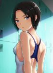  1girl back_cutout bare_shoulders black_hair blue_eyes breasts closed_mouth commentary_request competition_swimsuit expressionless forehead from_side hashi indoors locker locker_room looking_at_viewer looking_to_the_side one-piece_swimsuit original short_hair sideboob small_breasts solo swimsuit upper_body 