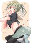  1girl :d belt blush brown_eyes double_v eyebrows_visible_through_hair from_side green_hair green_skirt hair_ribbon kantai_collection looking_at_viewer midriff navel open_mouth pantyhose pleated_skirt ponytail remodel_(kantai_collection) ribbon saiko_(saisaka) school_uniform serafuku short_sleeves skirt smile solo v white_ribbon yuubari_(kantai_collection) 