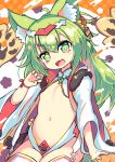  1girl :d animal_ear_fluff animal_ears azur_lane bangs blush breasts checkered checkered_background claw_pose commentary_request eyebrows_visible_through_hair fang floral_background fur_trim green_eyes green_hair groin hair_between_eyes isokaze_(azur_lane) long_hair long_sleeves looking_at_viewer magatama_necklace navel open_mouth revealing_clothes saebashi sitting small_breasts smile solo thick_eyebrows thigh-highs white_legwear wide_sleeves 
