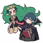  1boy 1girl armor artist_name black_gloves blue_eyes blue_hair book braid byleth_(fire_emblem) byleth_eisner_(male) closed_mouth do_m_kaeru fire_emblem fire_emblem:_three_houses garreg_mach_monastery_uniform gloves green_eyes green_hair hair_ornament holding holding_book long_hair long_sleeves open_mouth pointy_ears ribbon_braid short_hair simple_background sothis_(fire_emblem) tiara twin_braids uniform white_background 