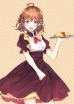  1girl :d ahoge black_dress blush brown_hair cowboy_hat dress food hair_ribbon hat highres holding holding_tray maid maid_dress omurice open_mouth original ribbon short_hair simple_background smile solo striped striped_background tray violet_eyes yushima 