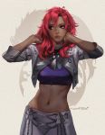  1girl absurdres adjusting_hair beige_background crop_top daniel_deng dark_skin english_commentary fire_emblem fire_emblem:_three_houses garreg_mach_monastery_uniform hapi_(fire_emblem) highres looking_to_the_side medium_hair midriff navel redhead skirt solo stomach toned upper_body 