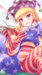  1girl american_flag_dress american_flag_legwear blonde_hair blue_background breasts clownpiece commentary_request fairy_wings hat highres jester_cap long_hair looking_at_viewer lzh midriff_peek navel neck_ruff no_shoes open_mouth pantyhose polka_dot purple_hair short_sleeves sitting small_breasts smile solo star star_print striped touhou violet_eyes wings 