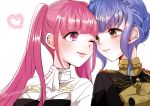  2girls blue_hair braid brown_eyes crown_braid fire_emblem fire_emblem:_three_houses garreg_mach_monastery_uniform hilda_valentine_goneril long_hair marianne_von_edmund multiple_girls one_eye_closed parted_lips pink_eyes pink_hair simple_background twintails twitter_username uniform upper_body white_background yutohiroya 