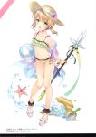  1girl :d absurdres ball bangs bare_shoulders beachball bell bikini blush breasts brown_hair brown_headwear collarbone eyebrows_visible_through_hair flower full_body green_bikini green_eyes hair_between_eyes hat hat_flower highres holding holding_ball holding_spear holding_weapon jingle_bell navel off_shoulder open_mouth original pink_flower plaid plaid_bikini polearm purple_flower sand_castle sand_sculpture sandals scan see-through side-tie_bikini small_breasts smile solo spear standing starfish sun_hat swimsuit transparent trowel twintails wasabi_(sekai) water weapon white_background white_footwear 