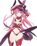  1girl :o arms_up bangs between_fingers bikini black_bikini blade_(galaxist) blue_eyes blush boots card curled_horns dragon_girl dragon_horns dragon_tail elbow_gloves elizabeth_bathory_(fate) elizabeth_bathory_(fate)_(all) eyebrows_visible_through_hair fate/extra fate/extra_ccc fate_(series) gloves hair_ribbon holding holding_card horns long_hair navel parted_lips pink_hair pointy_ears purple_ribbon red_footwear red_gloves red_legwear ribbon simple_background solo swimsuit tail thigh-highs thigh_boots two_side_up very_long_hair white_background 