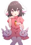  1girl animal_ears arms_up black_hair blush_stickers bright_pupils buck_teeth carrot_necklace chestnut_mouth commentary_request dress eyebrows_visible_through_hair feet_out_of_frame hair_between_eyes head_tilt highres inaba_tewi knees_together paw_pose pink_dress puffy_short_sleeves puffy_sleeves rabbit rabbit_ears red_eyes short_hair short_sleeves simple_background sitting solo touhou tsukimirin white_background white_pupils |_| 
