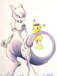  absurdres brown_eyes chikori_no_happa commentary_request creature detective_pikachu detective_pikachu_(character) detective_pikachu_(movie) feet_out_of_frame gen_1_pokemon highres legendary_pokemon looking_at_another mewtwo no_humans pikachu pokemon pokemon_(creature) smile standing violet_eyes 