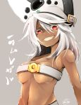  1girl belt beltbra breasts chita_(ketchup) dark_skin guilty_gear guilty_gear_xrd hat highres long_hair looking_at_viewer navel open_mouth orange_eyes ramlethal_valentine simple_background smile solo under_boob white_hair 