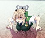  1girl 1other animal blonde_hair blue_neckwear braid braided_bun buttons cape commentary_request cracked_wall eyebrows_visible_through_hair green_cape green_vest highres kantai_collection koala necktie open_mouth perth_(kantai_collection) shaded_face shirt short_hair short_sleeves stuck through_wall tk8d32 trapped vest violet_eyes white_shirt 