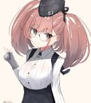  1girl absurdres anchor_hair_ornament atlanta_(kantai_collection) bespectacled black_headwear blush breasts brown_hair dress_shirt earrings eyebrows_visible_through_hair garrison_cap glasses gloves grey_eyes grey_gloves hair_ornament hat high-waist_skirt highres index_finger_raised jewelry kantai_collection large_breasts long_hair long_sleeves looking_at_viewer partly_fingerless_gloves shirt simple_background skirt solo star star_earrings suspender_skirt suspenders two_side_up upper_body white_background white_shirt yukikasa_(ro-ga-o-y) 