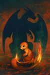  charizard charmander commentary creature devin_elle_kurtz dragon fiery_tail fire flame gen_1_pokemon horns no_humans pokemon pokemon_(creature) signature silhouette size_difference standing tail wings 