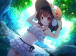  1girl animal_ears armpits arms_up bare_arms bikini blue_sky brown_hair collarbone commentary_request day dutch_angle flower frilled_bikini frills hat hat_flower inaba_tewi lens_flare looking_at_viewer medium_hair navel nnyara outdoors rabbit_ears red_eyes red_flower rock short_twintails sky smile solo straw_hat summer swimsuit touhou tree twintails twitter_username water white_bikini 