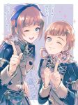  2girls annette_fantine_dominic aruba blue_eyes bow braid brown_hair closed_mouth fire_emblem fire_emblem:_three_houses garreg_mach_monastery_uniform gen&#039;ei_ibunroku_sharp_fe hair_bow long_hair long_sleeves minamoto_mamori multiple_girls one_eye_closed open_mouth orange_hair simple_background twin_braids twintails uniform upper_body 