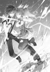  1boy 1girl :d bangs blurry bow dress_shirt dutch_angle eyebrows_visible_through_hair fighting floating_hair full_body greyscale hair_between_eyes hair_bow hair_over_one_eye highres holding holding_sword holding_weapon leg_lift long_hair miniskirt monochrome novel_illustration official_art open_mouth pants pleated_skirt rakudai_kishi_no_cavalry school_uniform shiny shiny_hair shirt shorts skirt smile stella_vermillion sword thigh-highs torn_clothes torn_legwear twintails weapon won_(az_hybrid) 